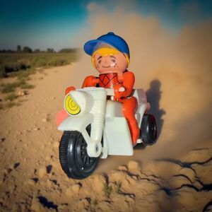 Vintage 1970s Toot Toot Hand Wind Up Motorcycle Trike & Action Rider B5